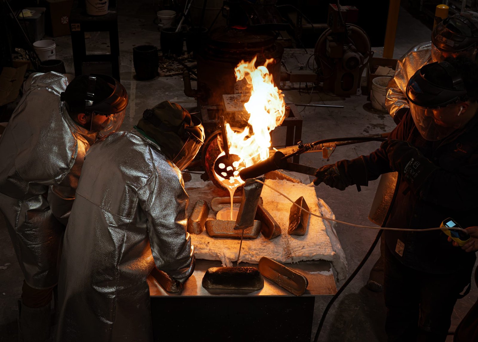Molten silver pour in the foundry